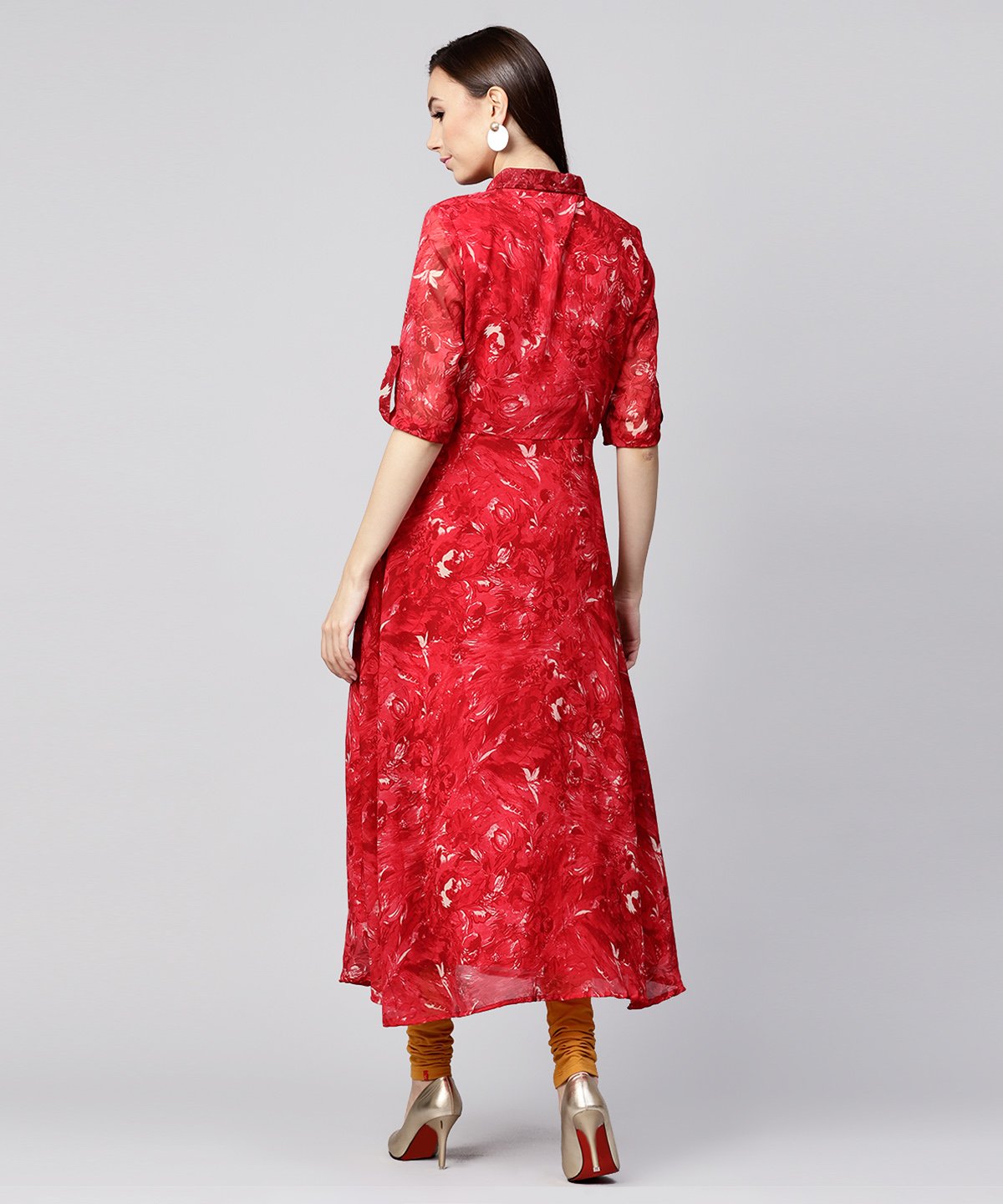 Red 3/4Th Sleeve Silk Baleno Printed Anarkali Kurta | LASVINI - Redefining Indian Fashion with Elegance