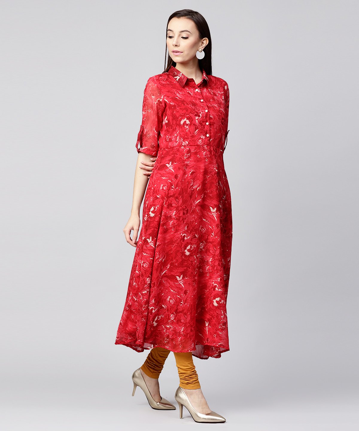 Red 3/4Th Sleeve Silk Baleno Printed Anarkali Kurta | LASVINI - Redefining Indian Fashion with Elegance
