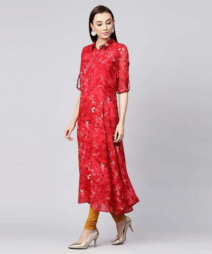 Red 3/4Th Sleeve Silk Baleno Printed Anarkali Kurta | LASVINI - Redefining Indian Fashion with Elegance