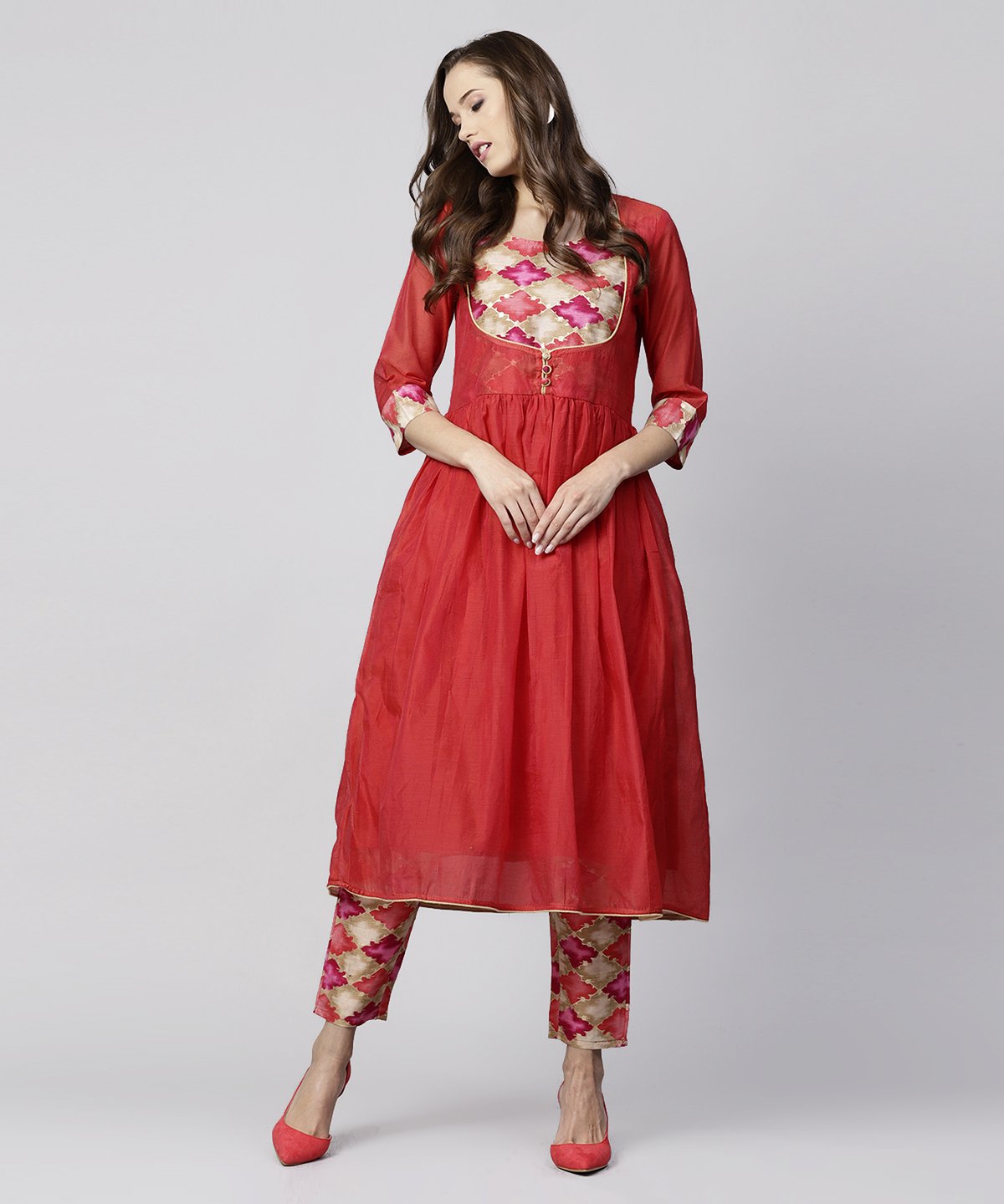 Red 3/4Th Sleeve Chanderi Printed Anarkali Kurta With Printed Palazzo | LASVINI - Redefining Indian Fashion with Elegance