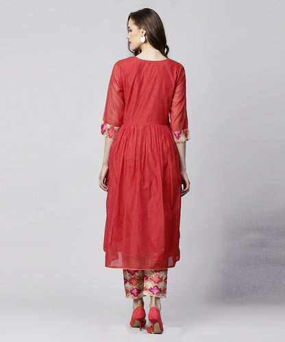 Red 3/4Th Sleeve Chanderi Printed Anarkali Kurta With Printed Palazzo | LASVINI - Redefining Indian Fashion with Elegance