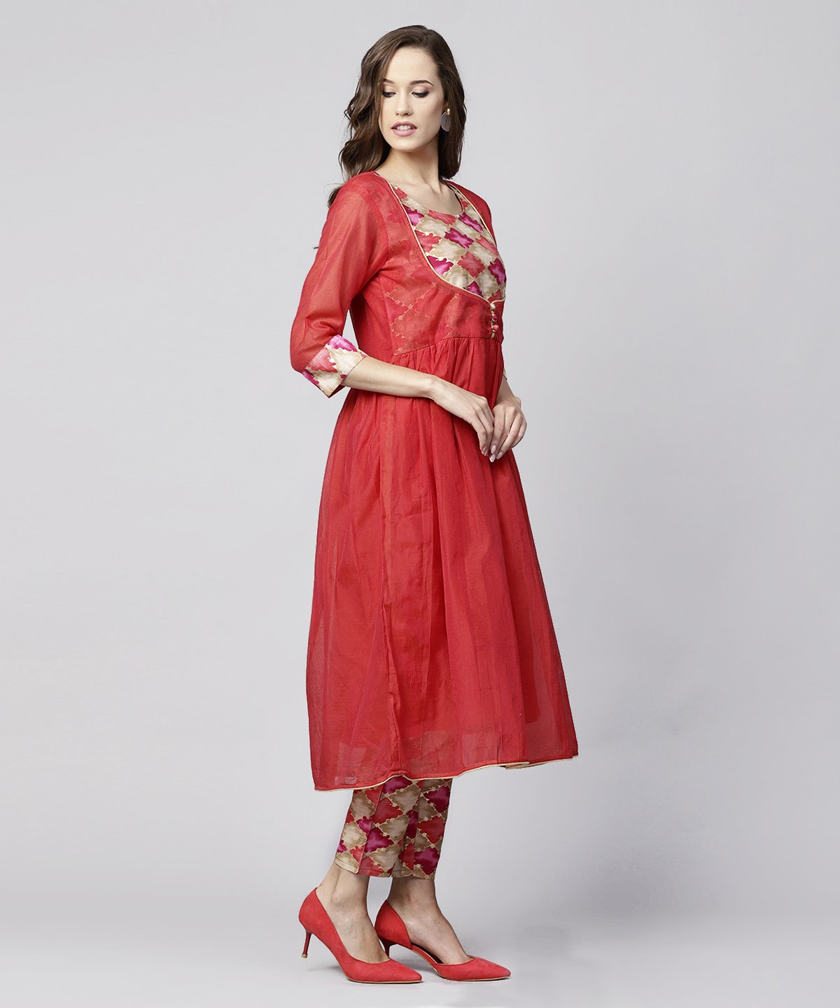 Red 3/4Th Sleeve Chanderi Printed Anarkali Kurta With Printed Palazzo | LASVINI - Redefining Indian Fashion with Elegance