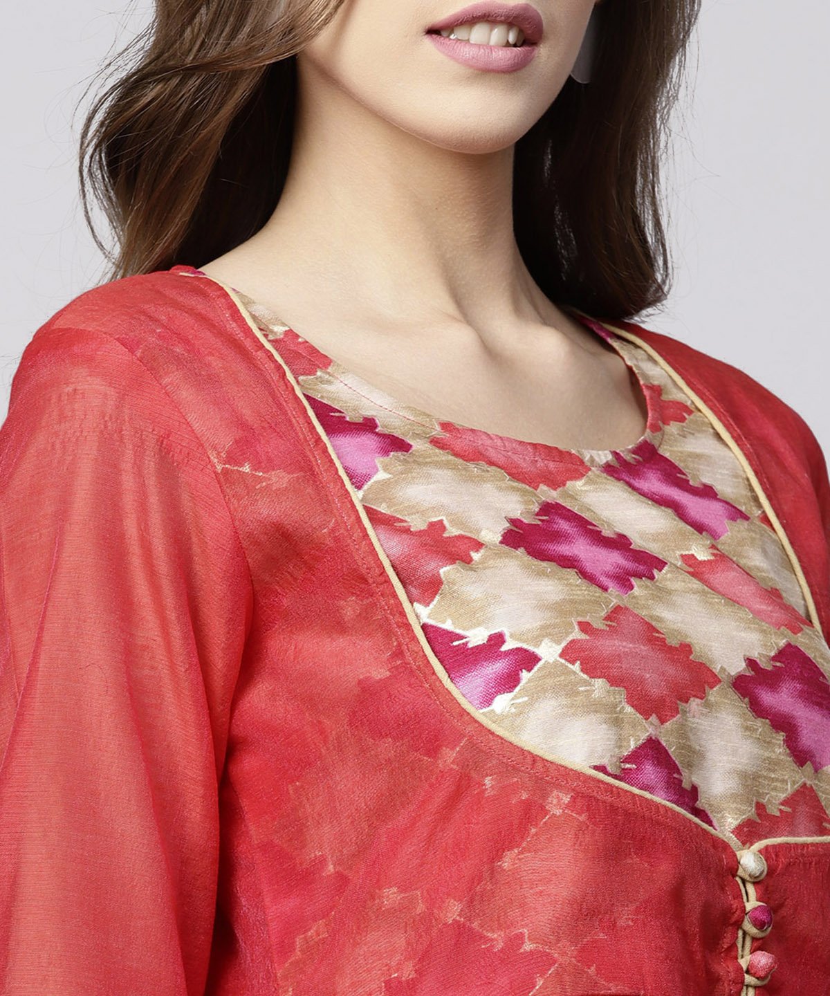 Red 3/4Th Sleeve Chanderi Printed Anarkali Kurta With Printed Palazzo | LASVINI - Redefining Indian Fashion with Elegance