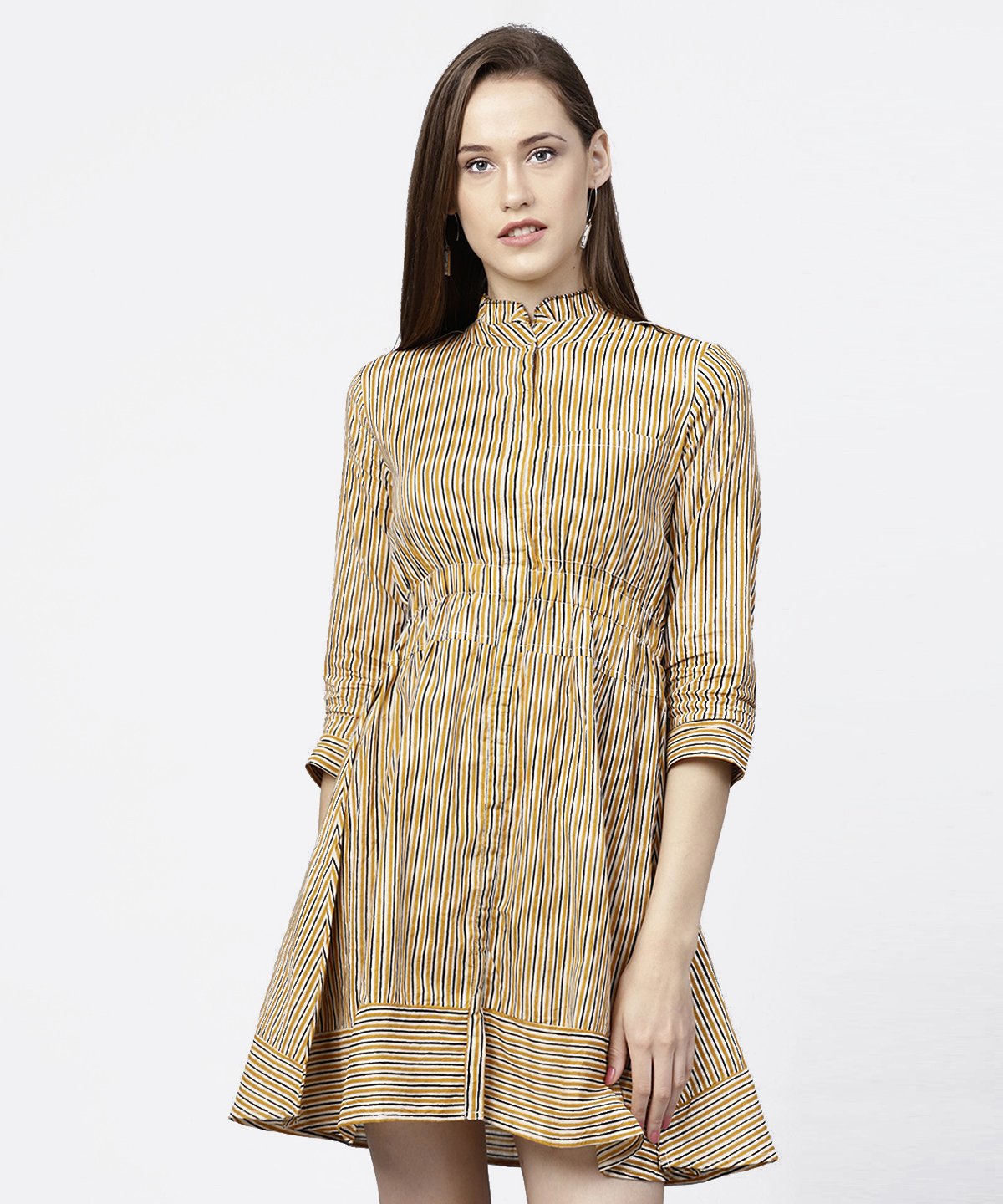 Yellow 3/4Th Sleeve Striped Cotton Dress | LASVINI - Redefining Indian Fashion with Elegance