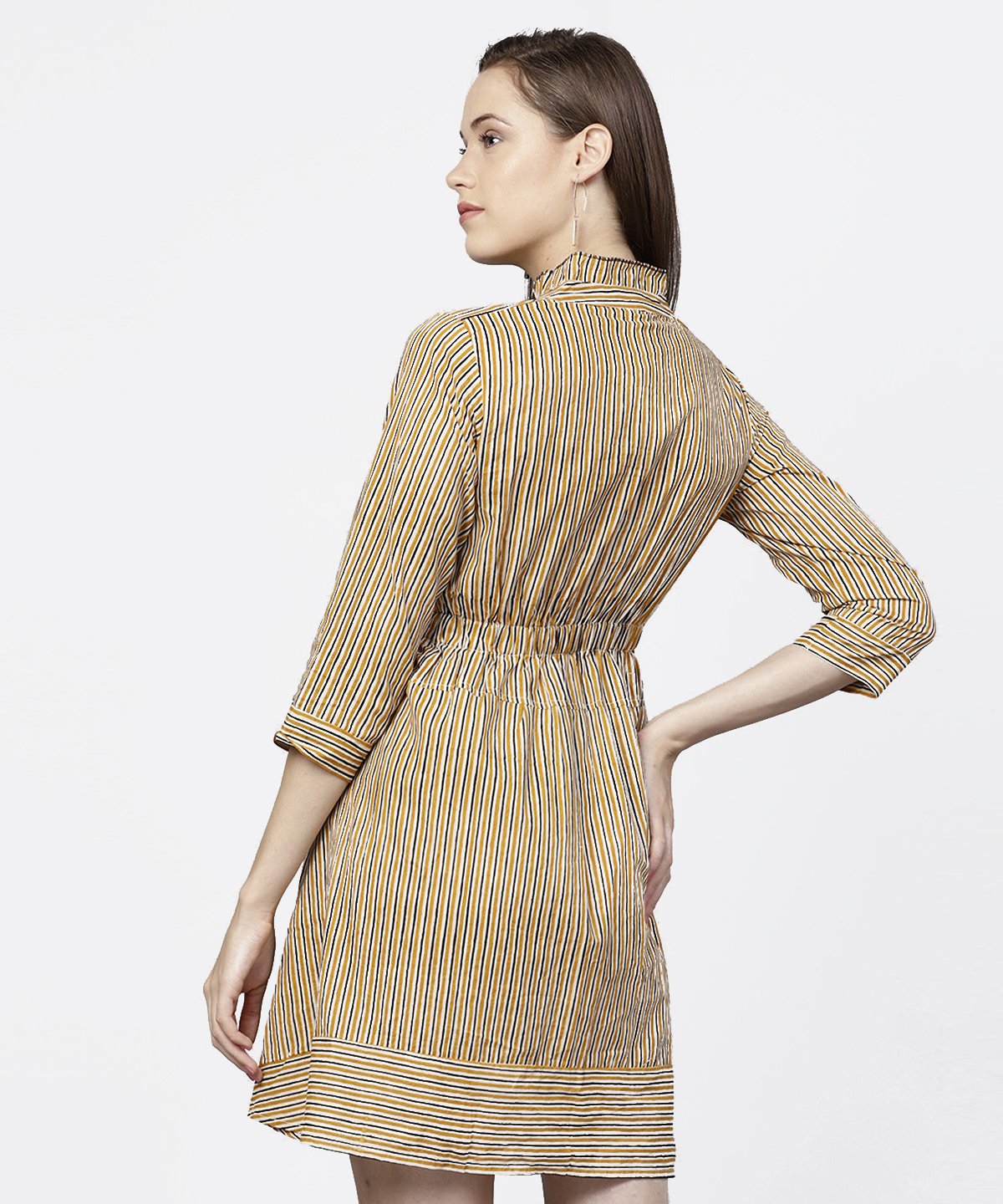 Yellow 3/4Th Sleeve Striped Cotton Dress | LASVINI - Redefining Indian Fashion with Elegance