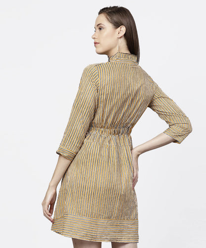 Yellow 3/4Th Sleeve Striped Cotton Dress | LASVINI - Redefining Indian Fashion with Elegance