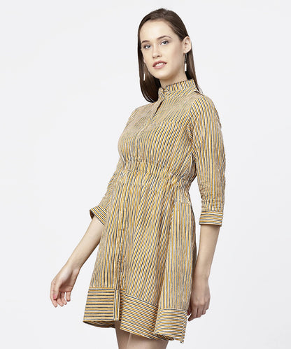 Yellow 3/4Th Sleeve Striped Cotton Dress | LASVINI - Redefining Indian Fashion with Elegance