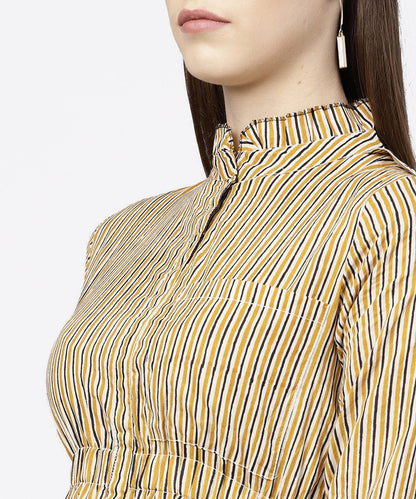 Yellow 3/4Th Sleeve Striped Cotton Dress | LASVINI - Redefining Indian Fashion with Elegance