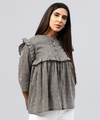 Black Striped 3/4Th Sleeve Cotton Tops | LASVINI - Redefining Indian Fashion with Elegance