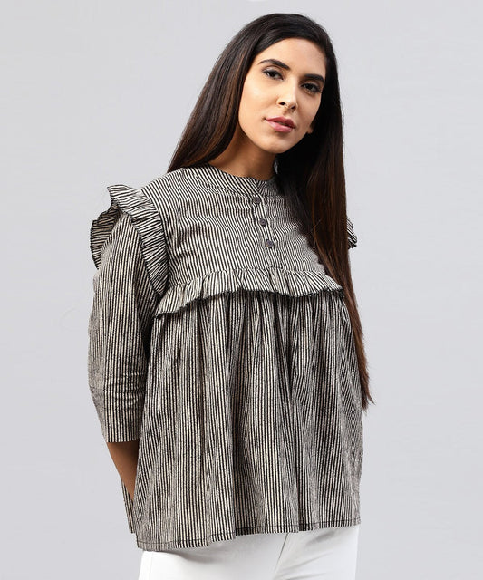 Black Striped 3/4Th Sleeve Cotton Tops | LASVINI - Redefining Indian Fashion with Elegance