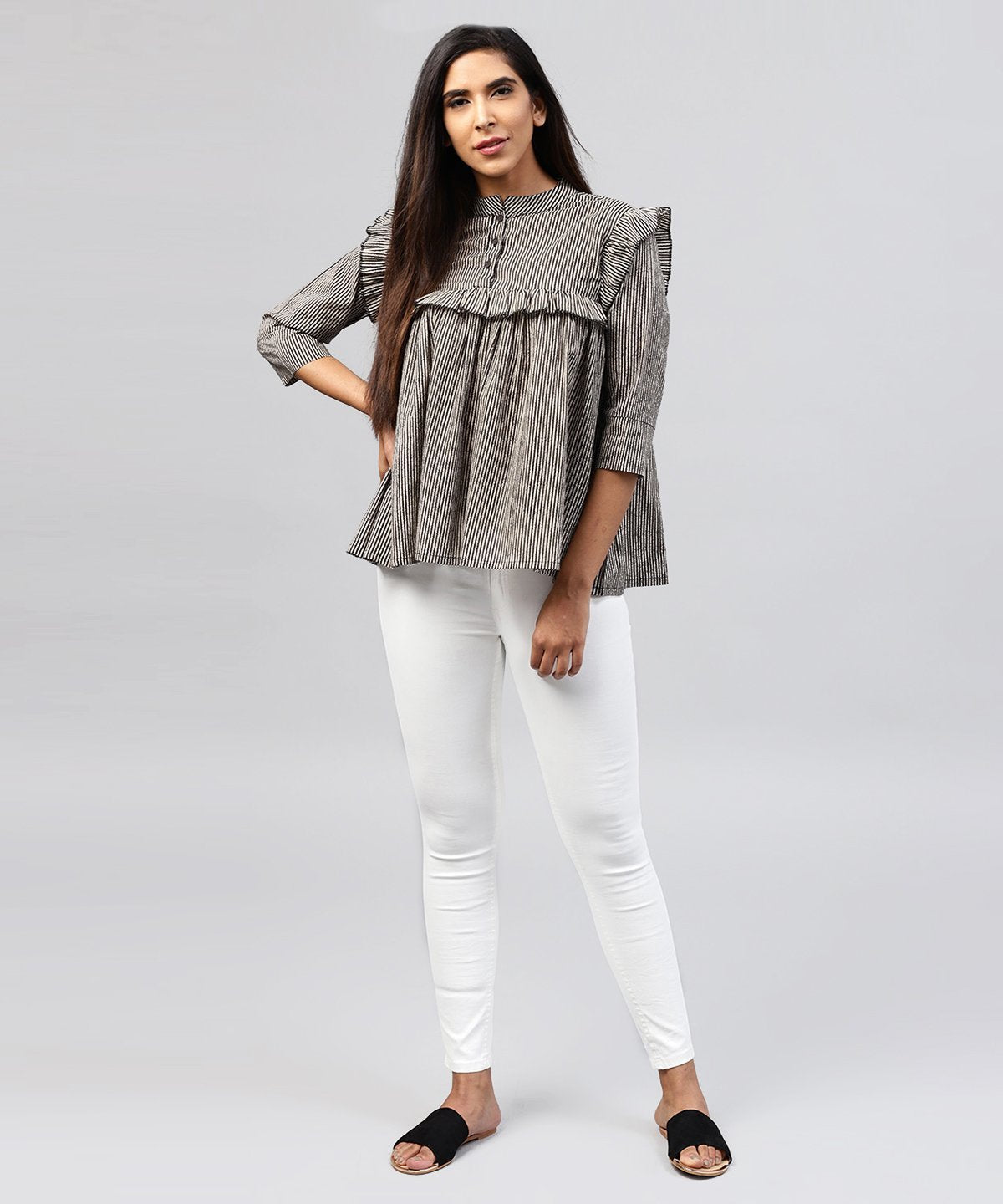 Black Striped 3/4Th Sleeve Cotton Tops | LASVINI - Redefining Indian Fashion with Elegance