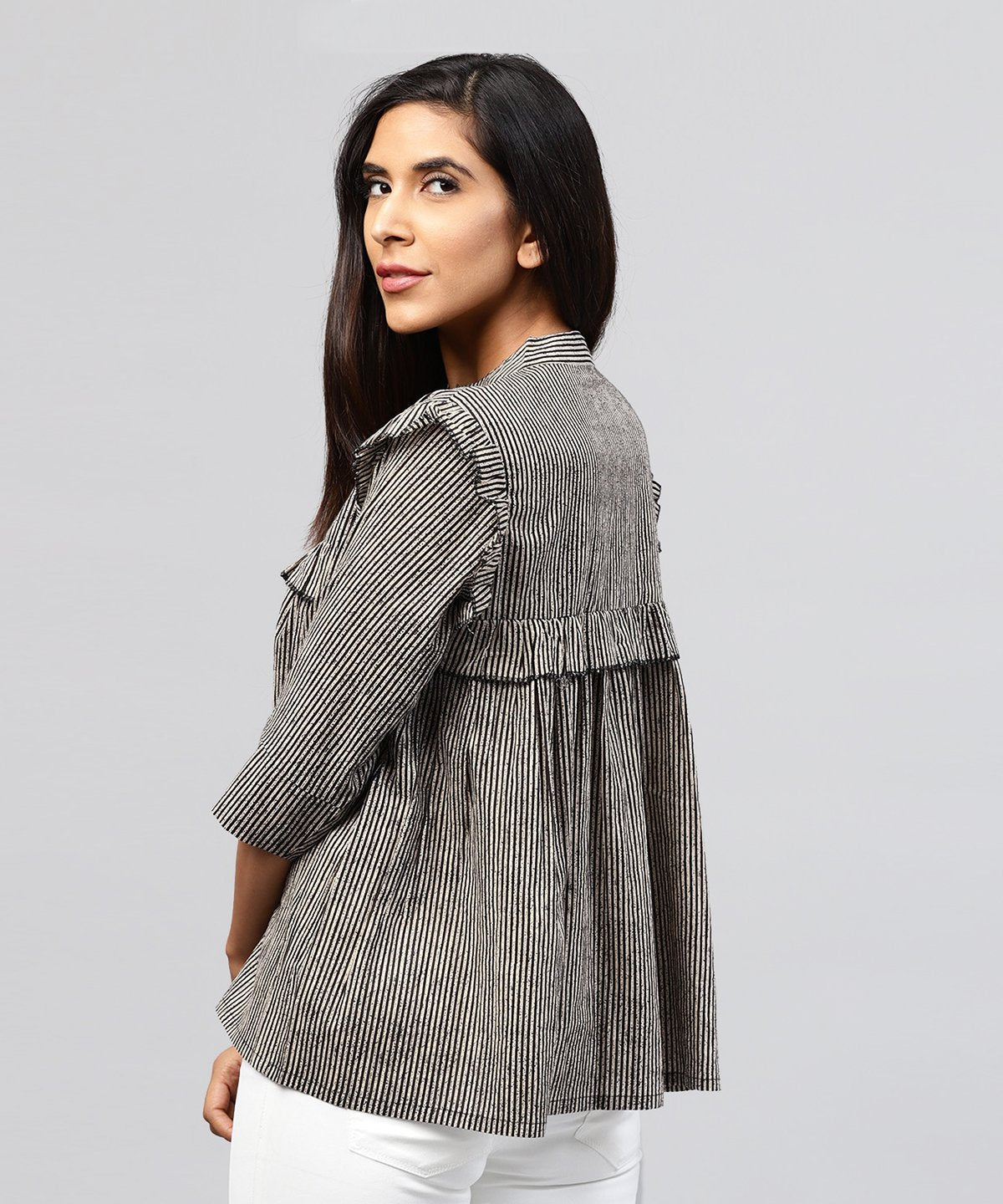 Black Striped 3/4Th Sleeve Cotton Tops | LASVINI - Redefining Indian Fashion with Elegance