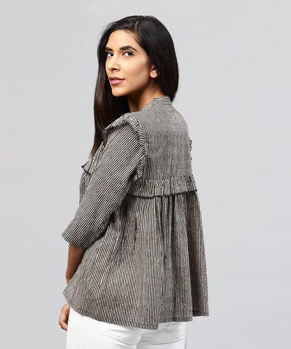 Black Striped 3/4Th Sleeve Cotton Tops | LASVINI - Redefining Indian Fashion with Elegance