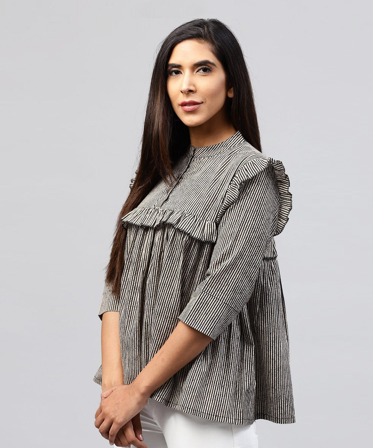 Black Striped 3/4Th Sleeve Cotton Tops | LASVINI - Redefining Indian Fashion with Elegance