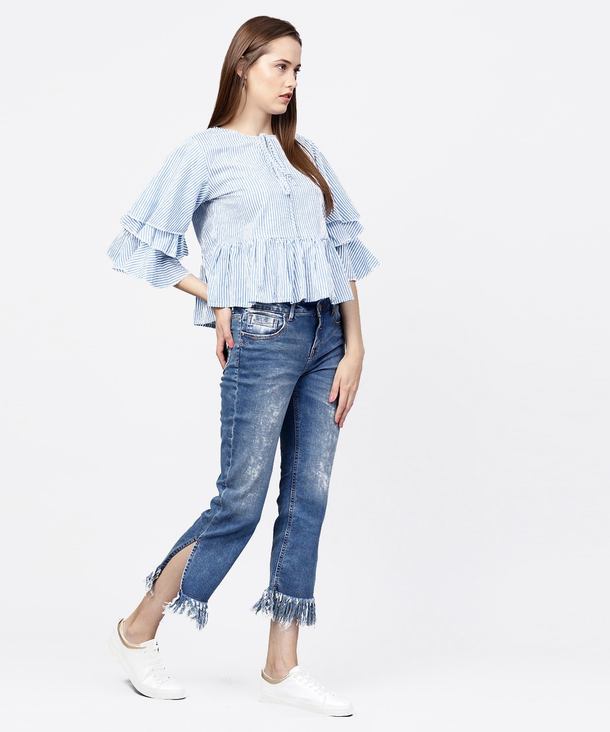 Blue Striped 3/4Th Umbrella Sleeves Cotton A-Line Tops | LASVINI - Redefining Indian Fashion with Elegance