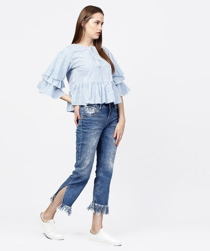 Blue Striped 3/4Th Umbrella Sleeves Cotton A-Line Tops | LASVINI - Redefining Indian Fashion with Elegance