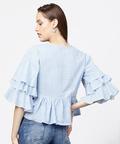 Blue Striped 3/4Th Umbrella Sleeves Cotton A-Line Tops | LASVINI - Redefining Indian Fashion with Elegance