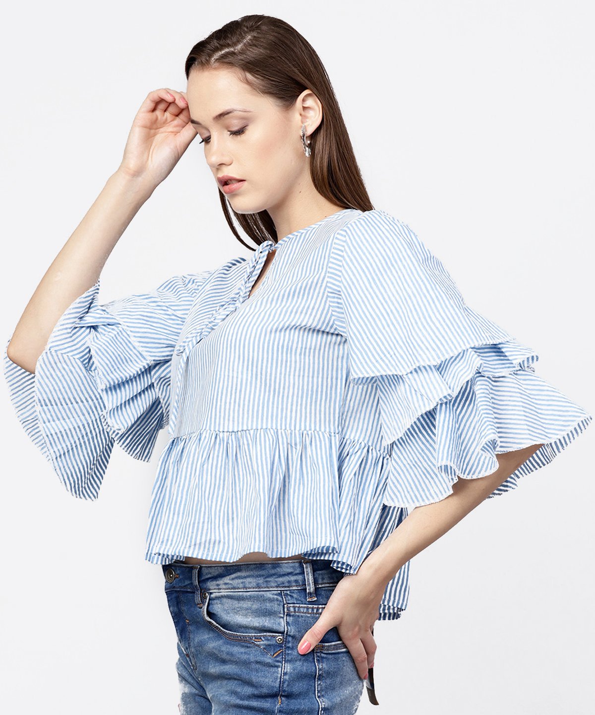 Blue Striped 3/4Th Umbrella Sleeves Cotton A-Line Tops | LASVINI - Redefining Indian Fashion with Elegance