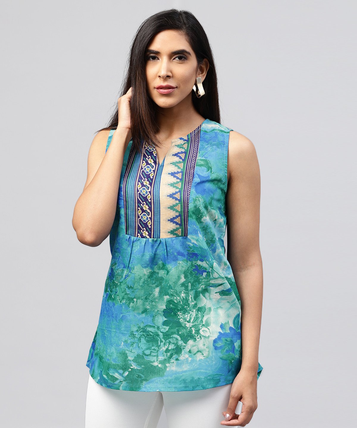 Blue Banglori Printed Sleeveless Tops | LASVINI - Redefining Indian Fashion with Elegance