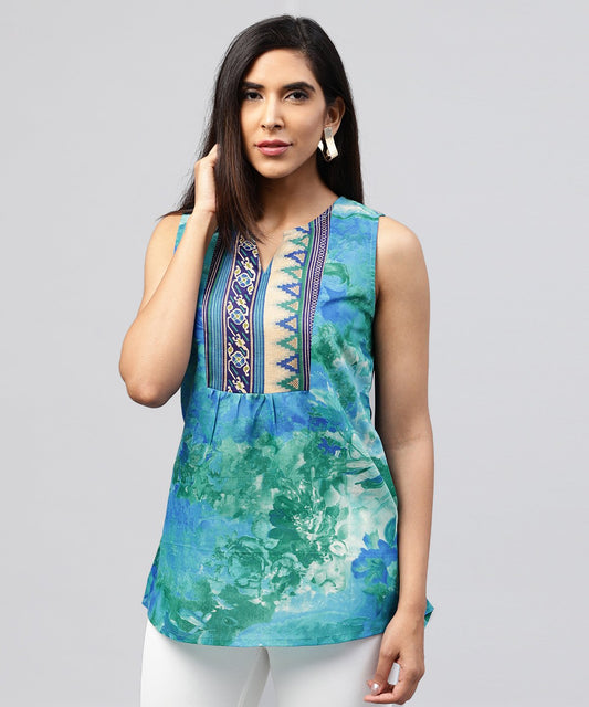 Blue Banglori Printed Sleeveless Tops | LASVINI - Redefining Indian Fashion with Elegance
