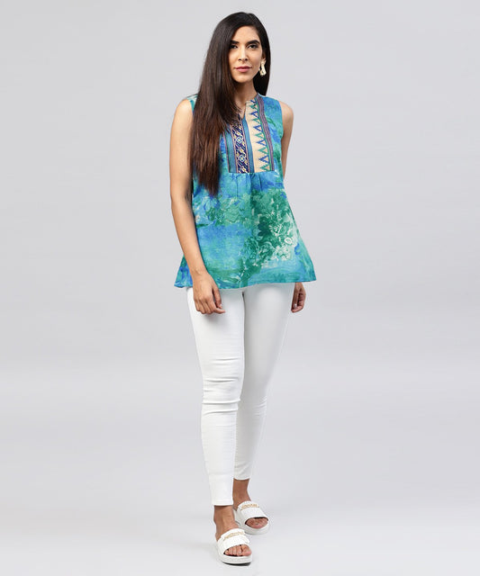 Blue Banglori Printed Sleeveless Tops | LASVINI - Redefining Indian Fashion with Elegance