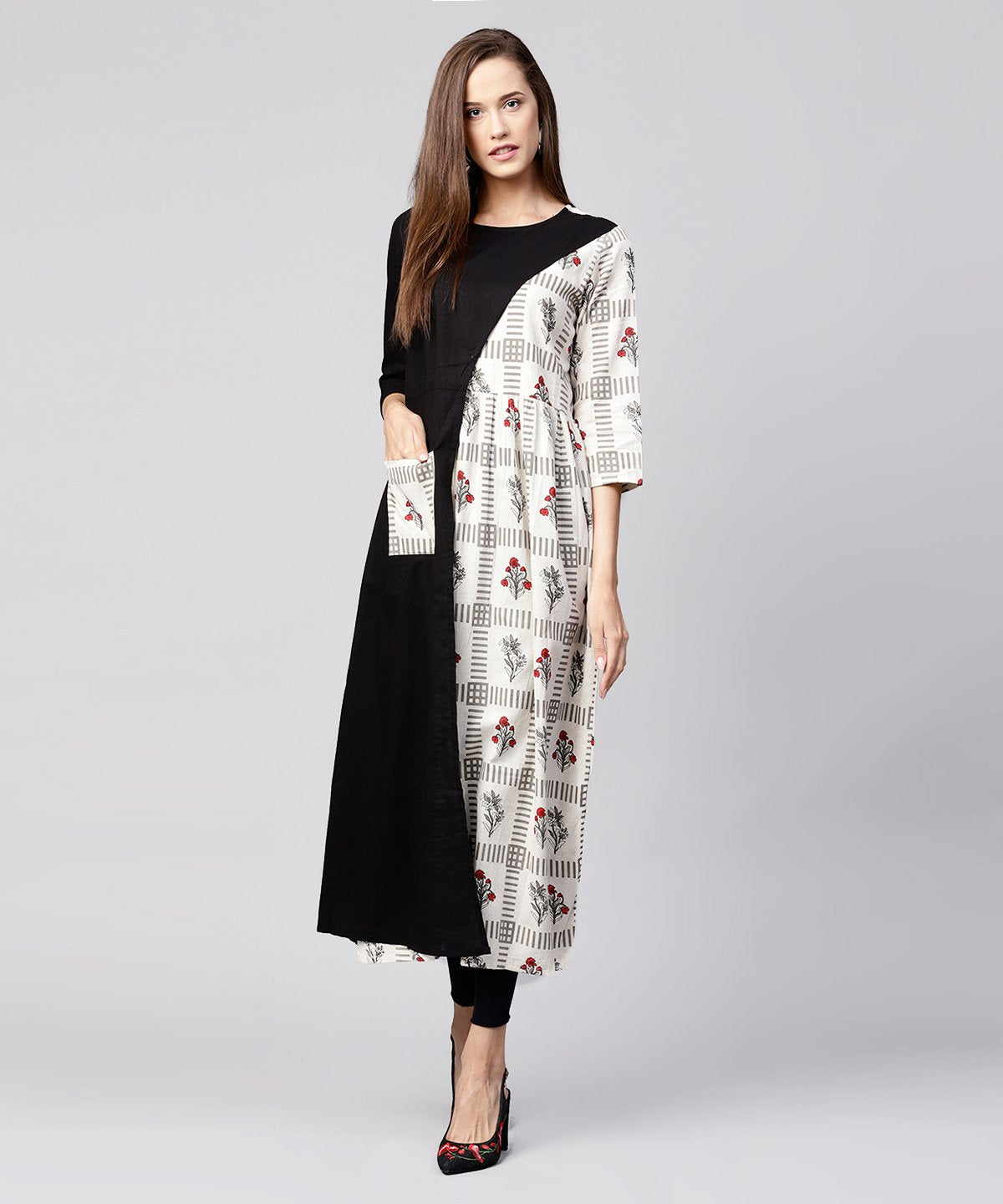 Off White & Black Printed Cotton 3/4Th Sleeve A-Line Kurta With Pocket At Front | LASVINI - Redefining Indian Fashion with Elegance