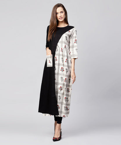 Off White & Black Printed Cotton 3/4Th Sleeve A-Line Kurta With Pocket At Front | LASVINI - Redefining Indian Fashion with Elegance