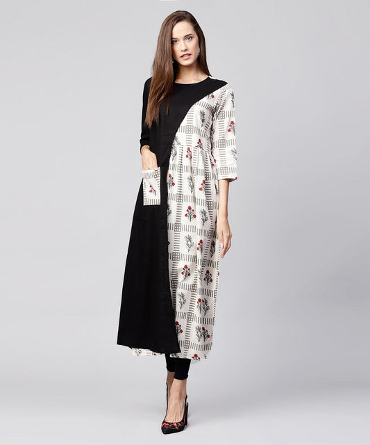 Off White & Black Printed Cotton 3/4Th Sleeve A-Line Kurta With Pocket At Front | LASVINI - Redefining Indian Fashion with Elegance