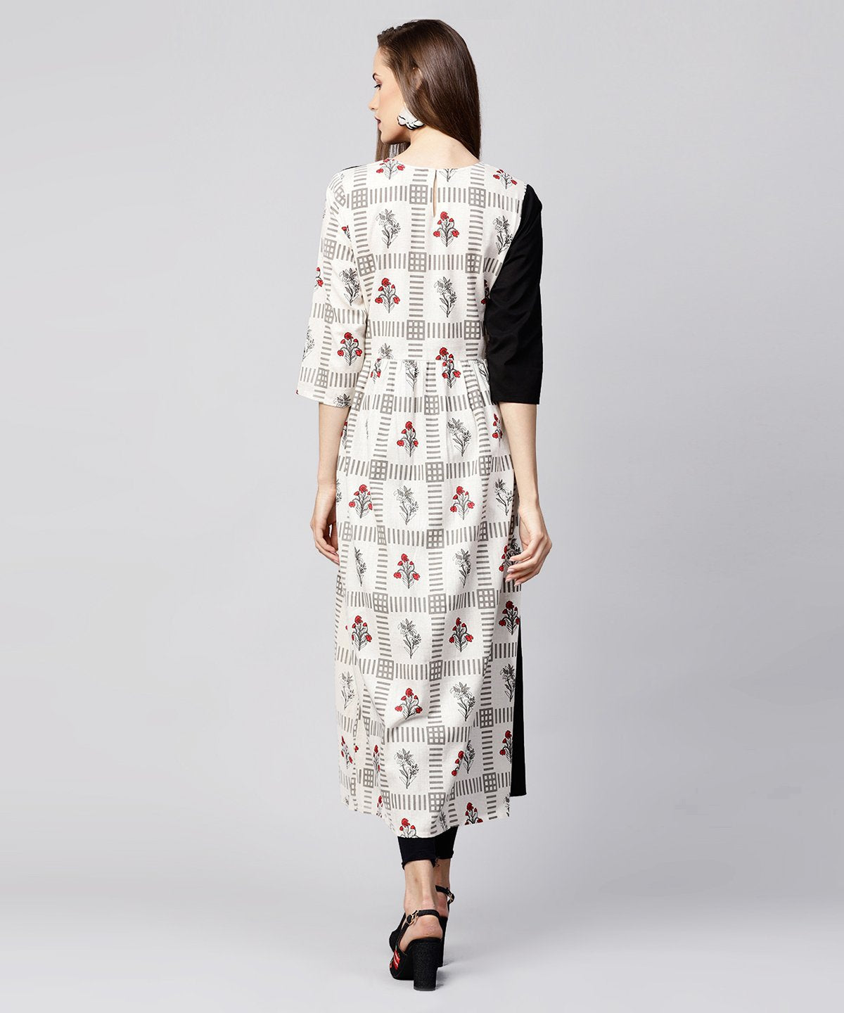 Off White & Black Printed Cotton 3/4Th Sleeve A-Line Kurta With Pocket At Front | LASVINI - Redefining Indian Fashion with Elegance