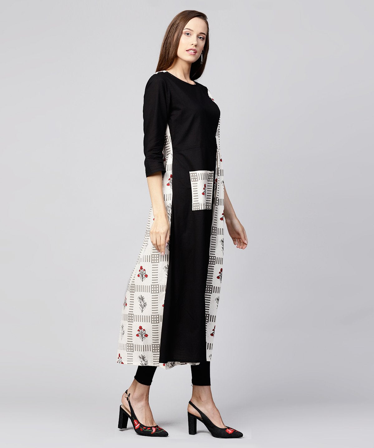 Off White & Black Printed Cotton 3/4Th Sleeve A-Line Kurta With Pocket At Front | LASVINI - Redefining Indian Fashion with Elegance