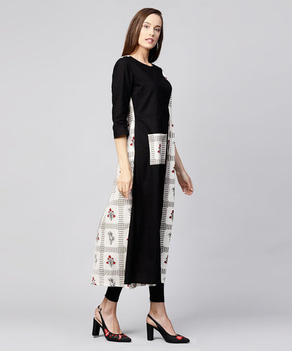 Off White & Black Printed Cotton 3/4Th Sleeve A-Line Kurta With Pocket At Front | LASVINI - Redefining Indian Fashion with Elegance