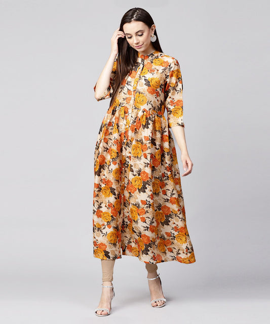 Yellow Flower Printed 3/4Th Sleeve Anarkali Kurta | LASVINI - Redefining Indian Fashion with Elegance