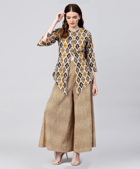 Yellow Printed 3/4Th Sleeve Cotton Assymetric Tops With Striped Flared Skirt | LASVINI - Redefining Indian Fashion with Elegance