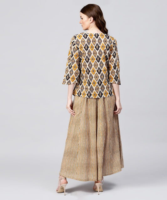 Yellow Printed 3/4Th Sleeve Cotton Assymetric Tops With Striped Flared Skirt | LASVINI - Redefining Indian Fashion with Elegance