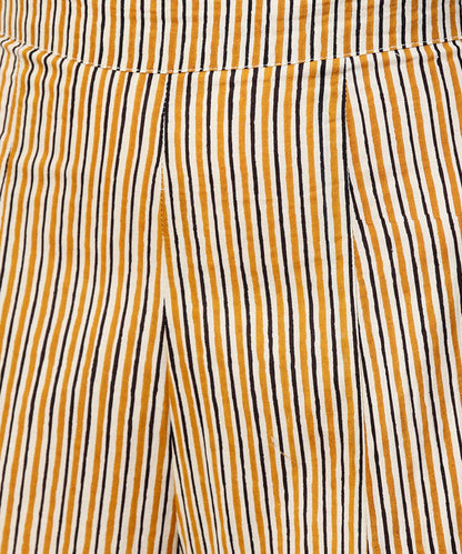 Yellow Printed 3/4Th Sleeve Cotton Assymetric Tops With Striped Flared Skirt | LASVINI - Redefining Indian Fashion with Elegance