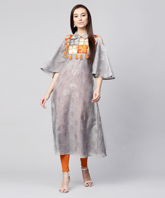 Grey Foil Printed 3/4Th Circle Cold Shoulder Sleeve Cotton Kurta With Tussel Work At Yoke | LASVINI - Redefining Indian Fashion with Elegance