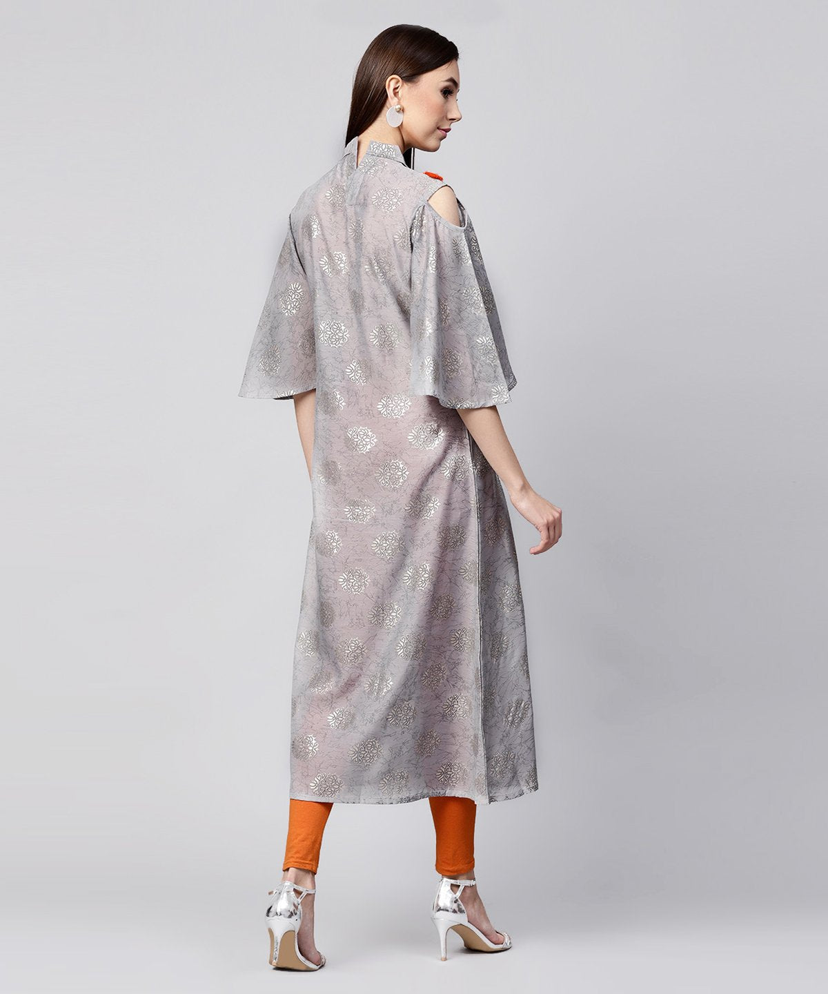 Grey Foil Printed 3/4Th Circle Cold Shoulder Sleeve Cotton Kurta With Tussel Work At Yoke | LASVINI - Redefining Indian Fashion with Elegance