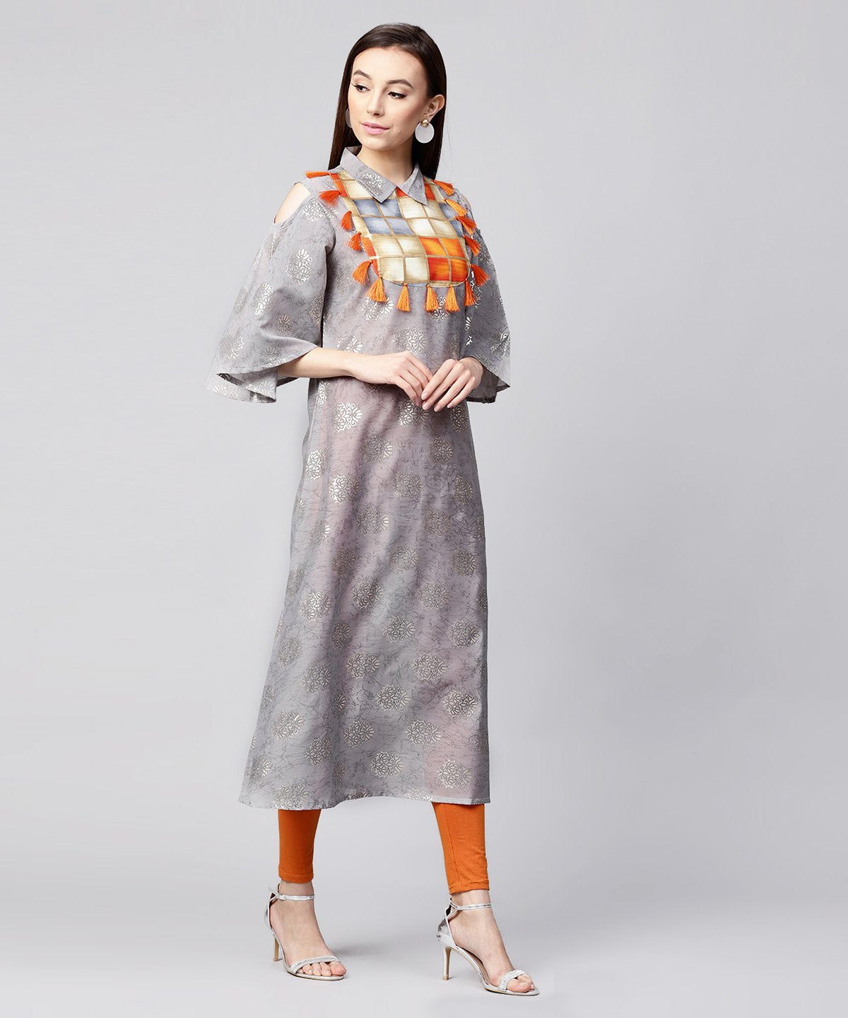 Grey Foil Printed 3/4Th Circle Cold Shoulder Sleeve Cotton Kurta With Tussel Work At Yoke | LASVINI - Redefining Indian Fashion with Elegance