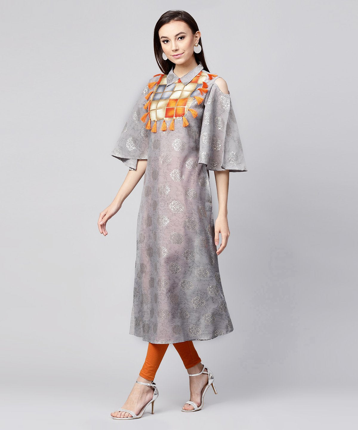 Grey Foil Printed 3/4Th Circle Cold Shoulder Sleeve Cotton Kurta With Tussel Work At Yoke | LASVINI - Redefining Indian Fashion with Elegance
