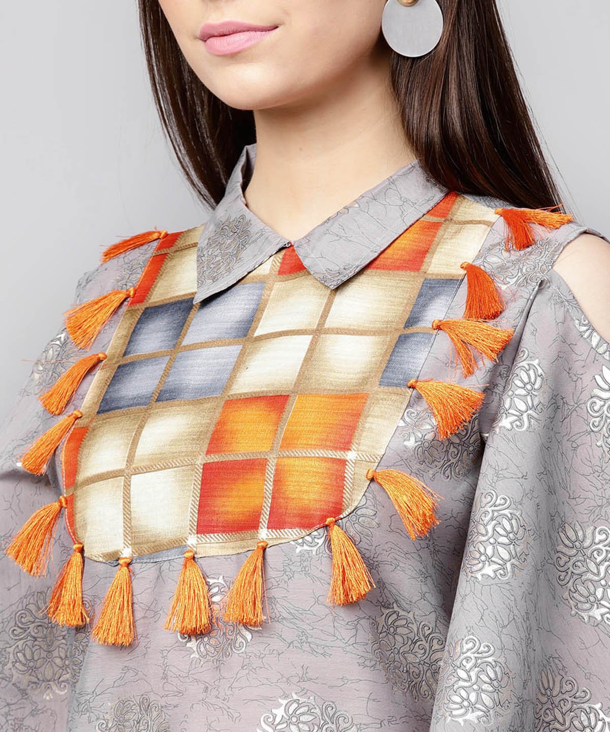 Grey Foil Printed 3/4Th Circle Cold Shoulder Sleeve Cotton Kurta With Tussel Work At Yoke | LASVINI - Redefining Indian Fashion with Elegance