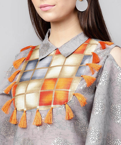 Grey Foil Printed 3/4Th Circle Cold Shoulder Sleeve Cotton Kurta With Tussel Work At Yoke | LASVINI - Redefining Indian Fashion with Elegance