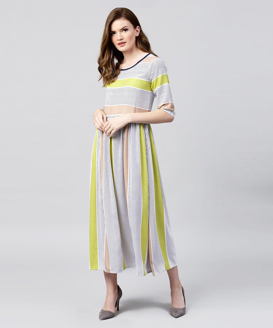 Off White Half Sleeve Striped Crepe Maxi Dress | LASVINI - Redefining Indian Fashion with Elegance