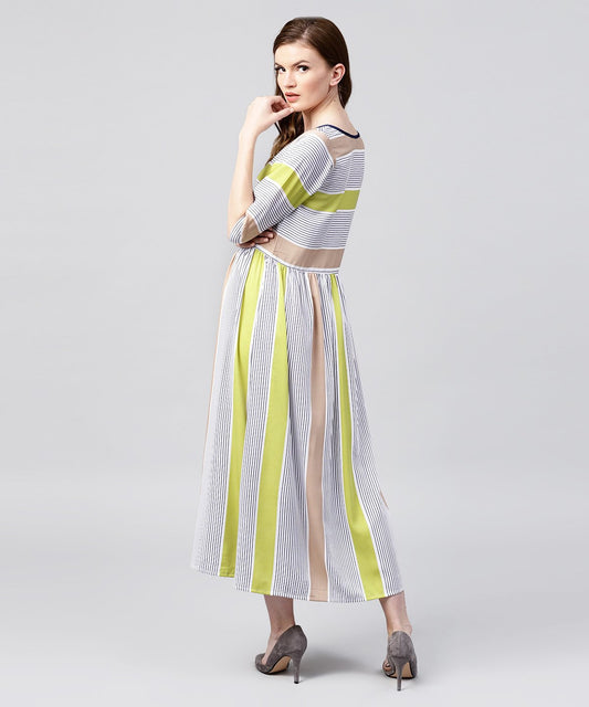 Off White Half Sleeve Striped Crepe Maxi Dress | LASVINI - Redefining Indian Fashion with Elegance