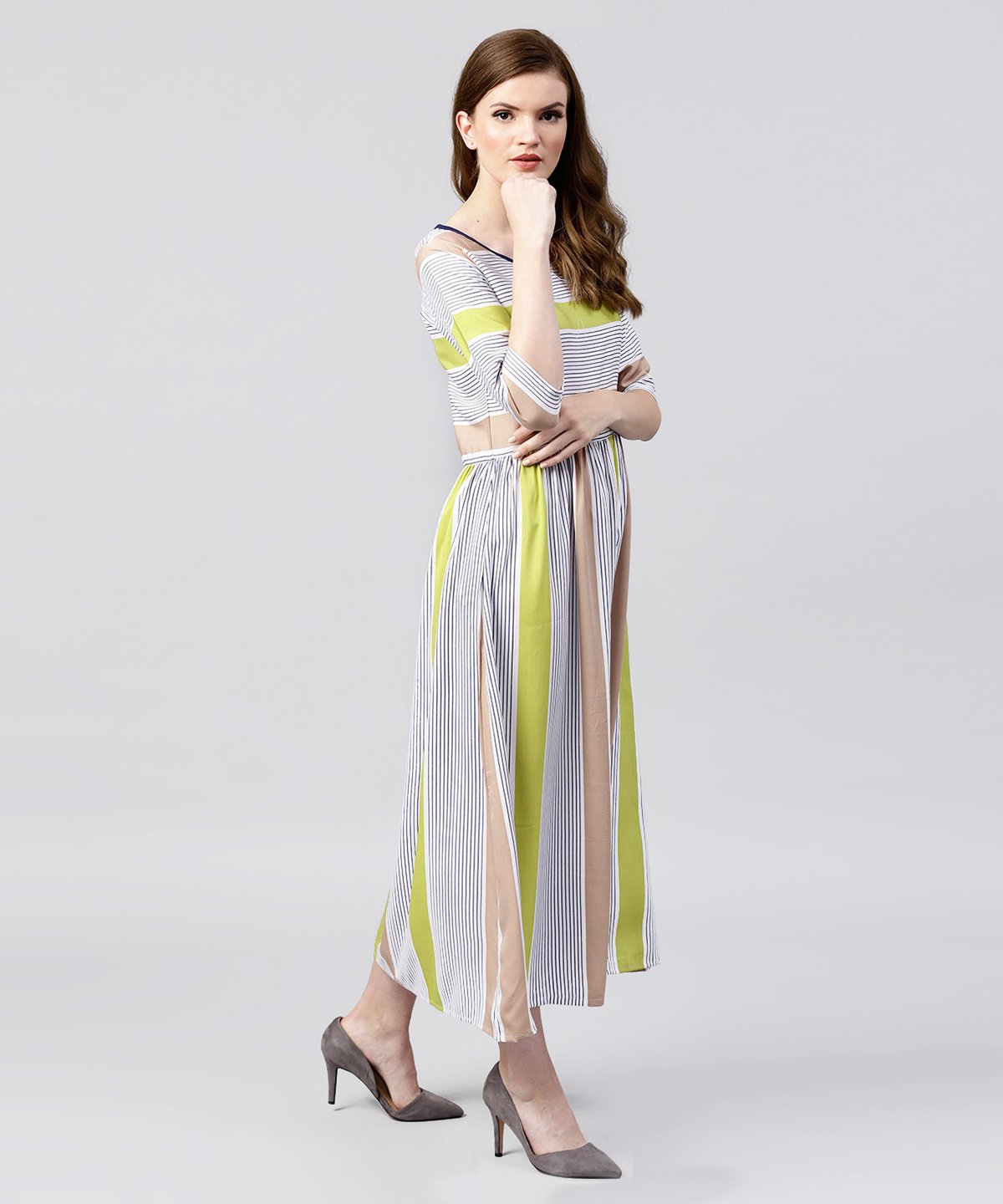 Off White Half Sleeve Striped Crepe Maxi Dress | LASVINI - Redefining Indian Fashion with Elegance
