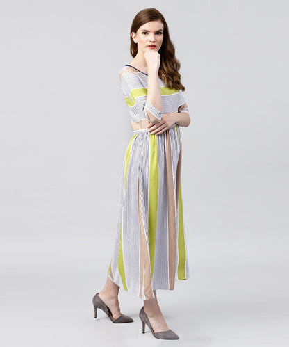 Off White Half Sleeve Striped Crepe Maxi Dress | LASVINI - Redefining Indian Fashion with Elegance