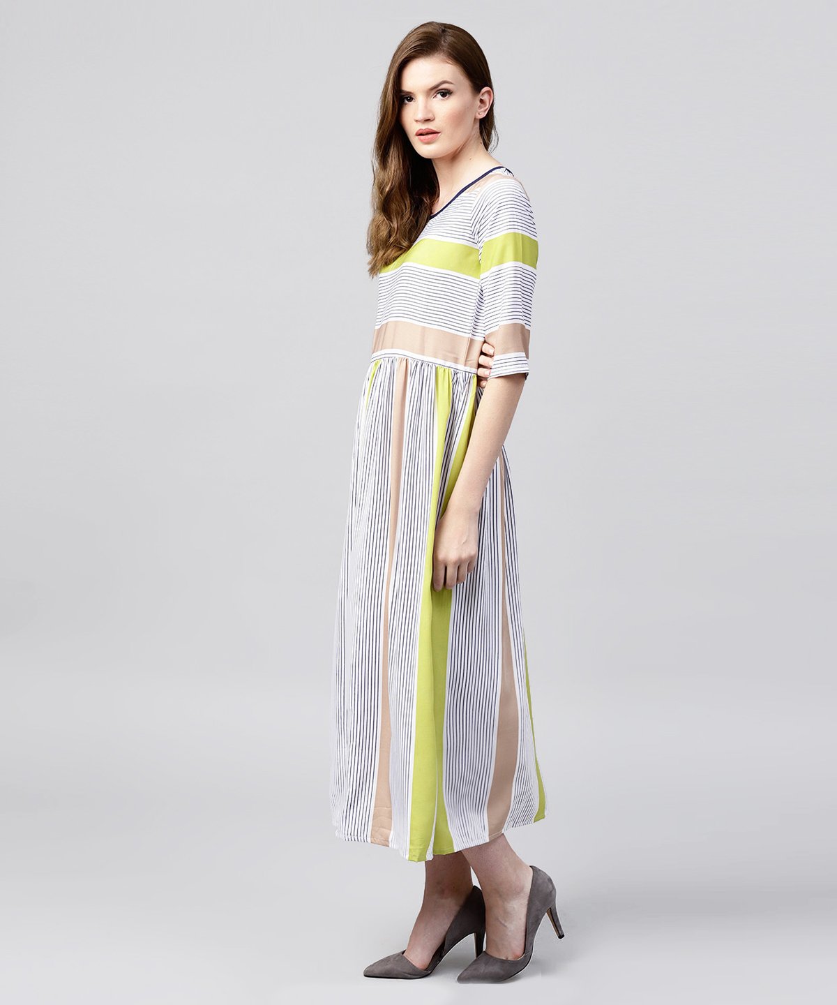 Off White Half Sleeve Striped Crepe Maxi Dress | LASVINI - Redefining Indian Fashion with Elegance