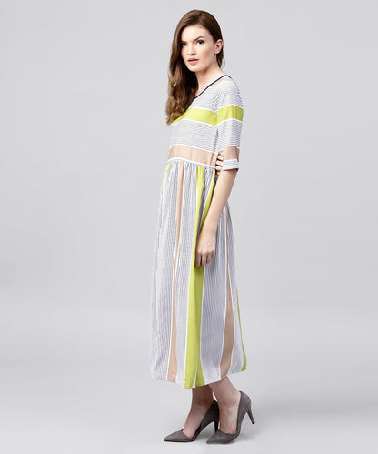 Off White Half Sleeve Striped Crepe Maxi Dress | LASVINI - Redefining Indian Fashion with Elegance