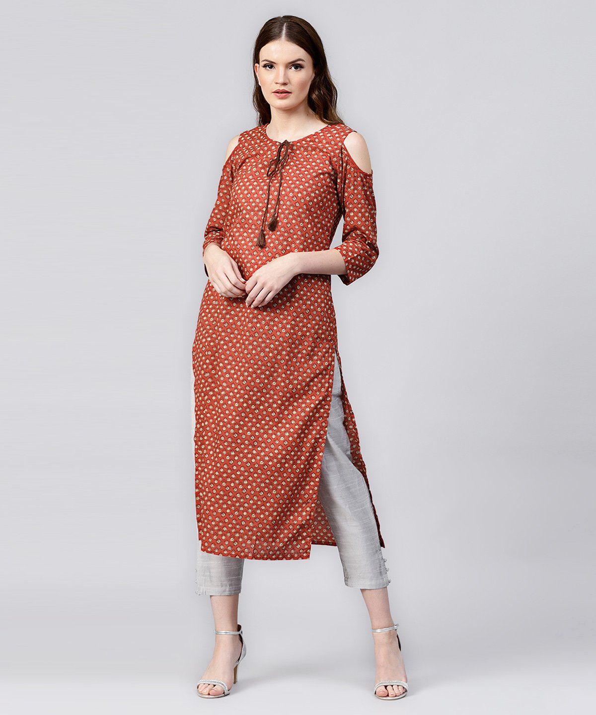 Red Printed 3/4Th Sleeve Cold Shoulder Cotton Assymetric Kurta With Dori Work At Yoke | LASVINI - Redefining Indian Fashion with Elegance