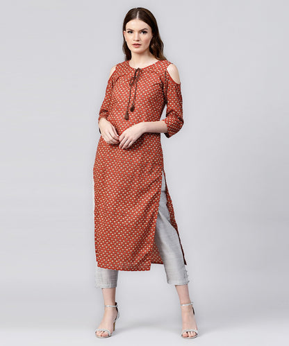 Red Printed 3/4Th Sleeve Cold Shoulder Cotton Assymetric Kurta With Dori Work At Yoke | LASVINI - Redefining Indian Fashion with Elegance