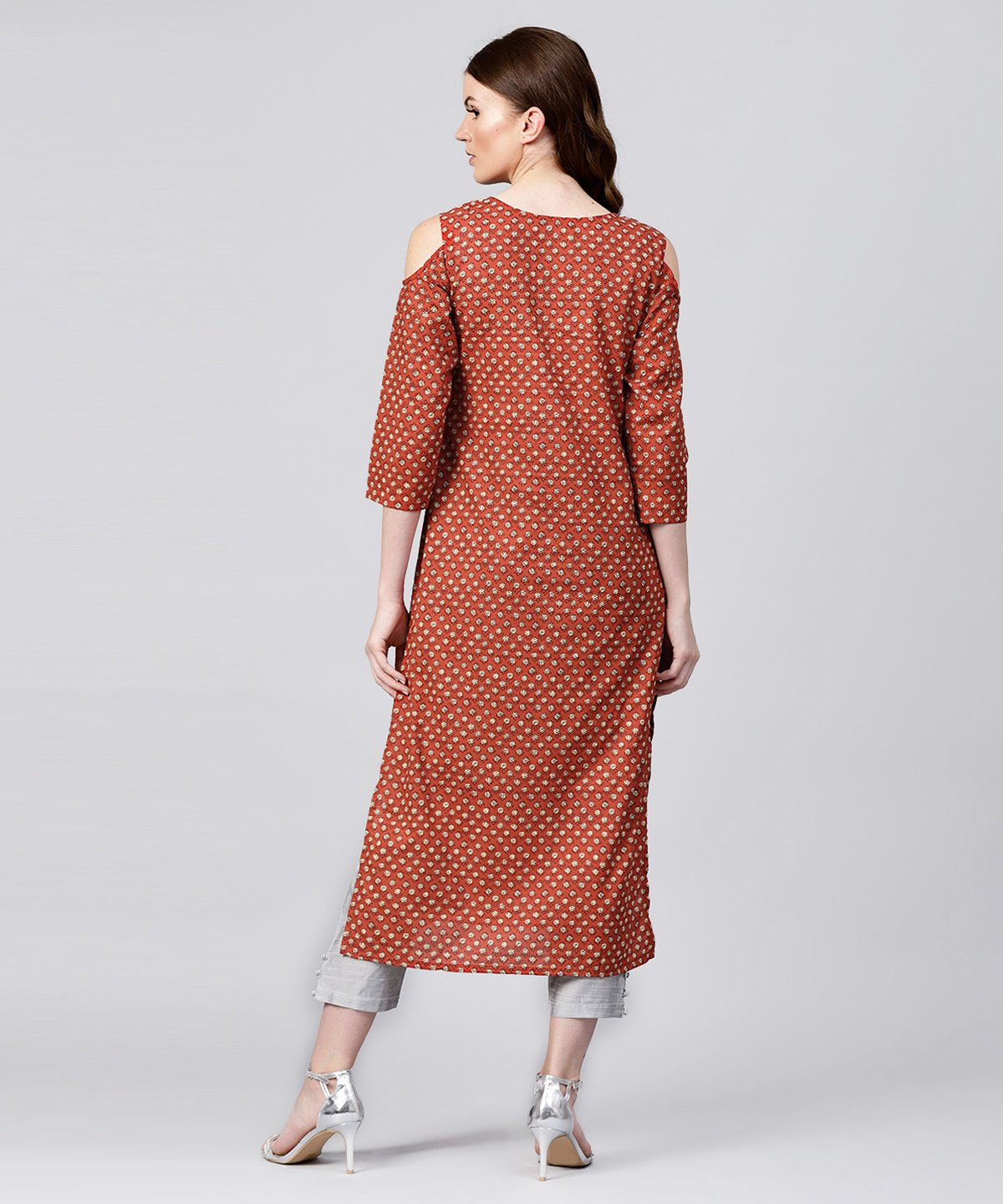 Red Printed 3/4Th Sleeve Cold Shoulder Cotton Assymetric Kurta With Dori Work At Yoke | LASVINI - Redefining Indian Fashion with Elegance